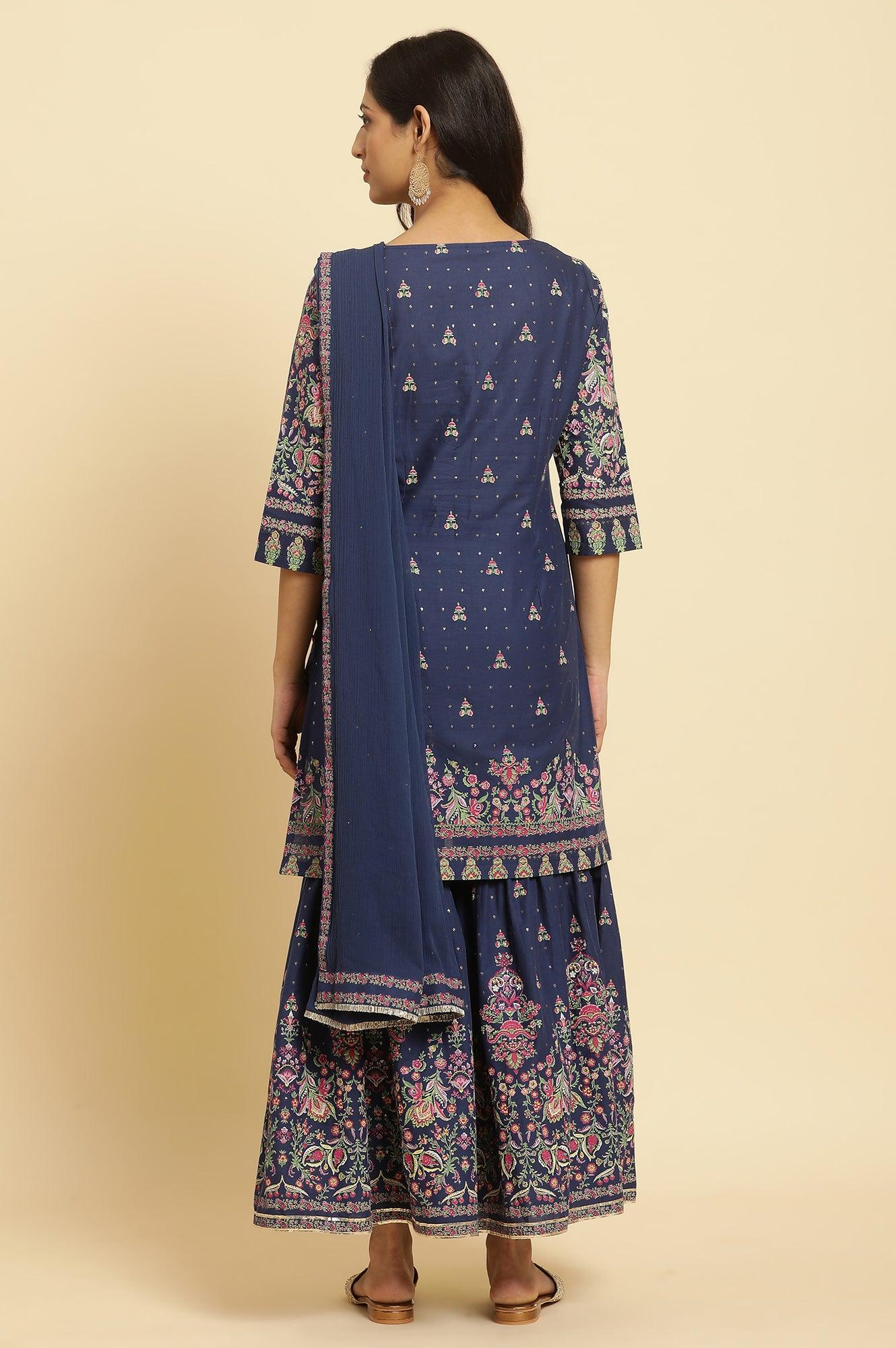 Blue Floral Printed Kurta, Sharara And Dupatta Set - Image 4