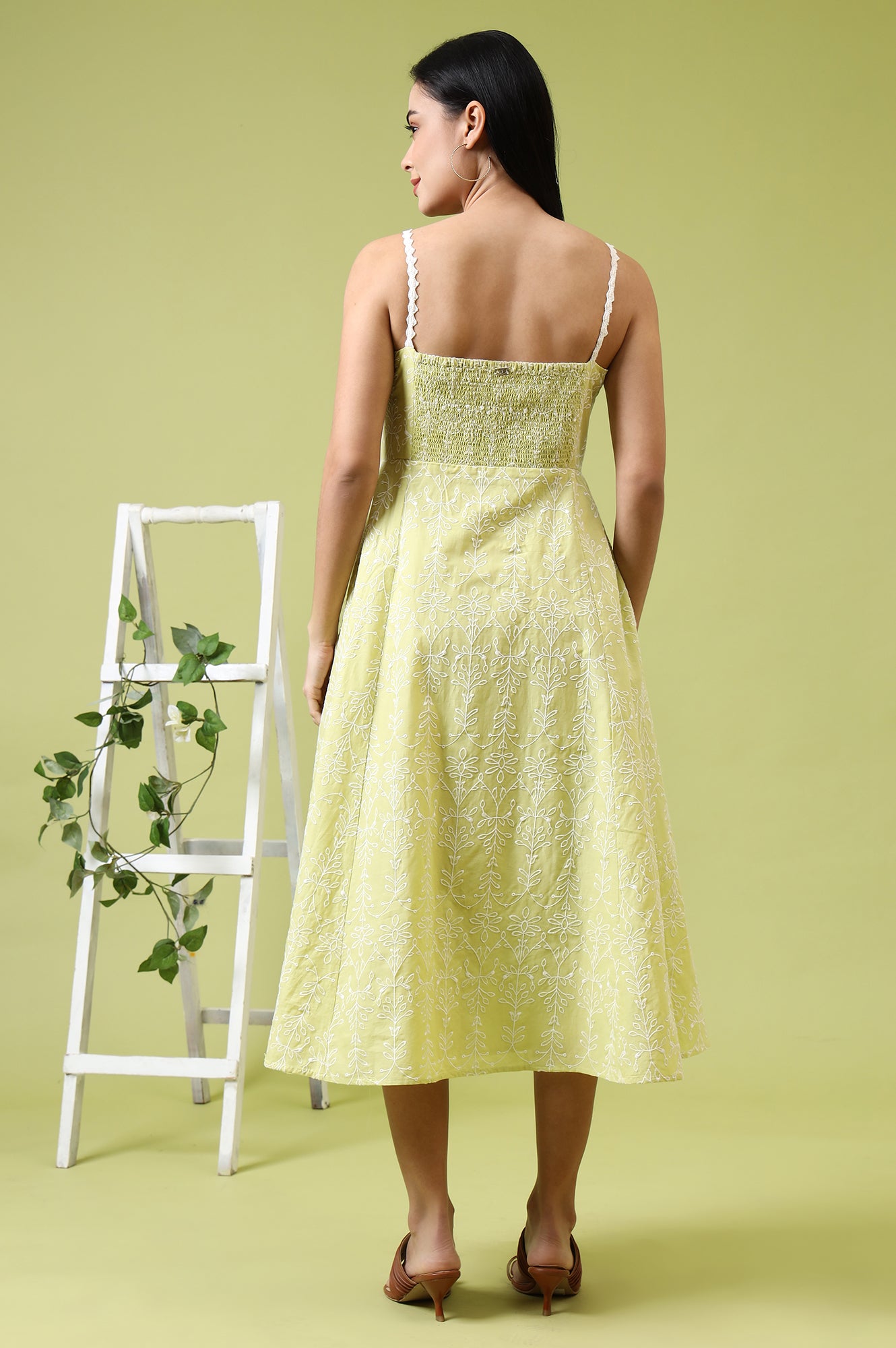 Lime Green Schiffli Embroidered Pure Cotton Flared Spaghetti Dress - Image 6