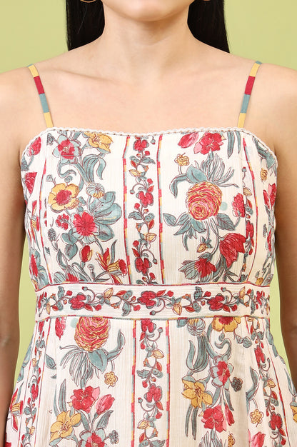 Off-White Vibrant Floral Printed Pure Cotton Flared Spaghetti Dress - Image 5