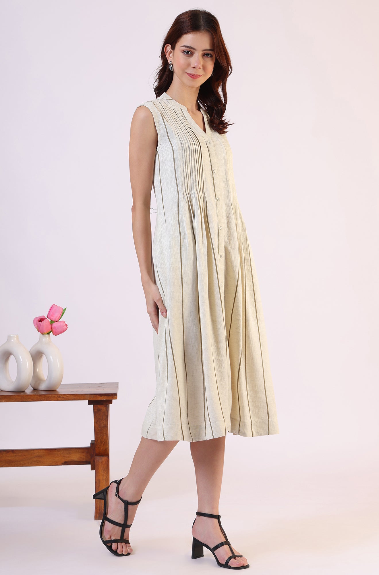 Off -White Striped Cotton Blend Flared Western Dress - Image 6