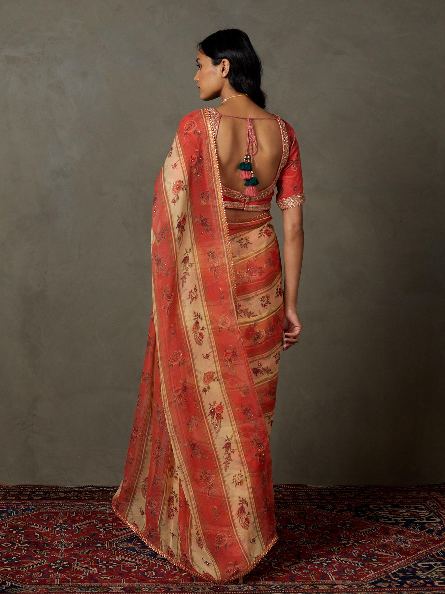 Peach & Multi Dahlia Saree With Unstitched Blouse - Image 5